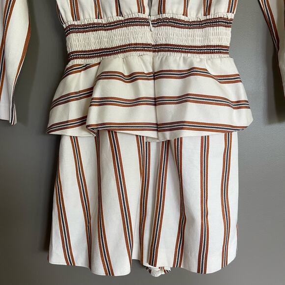 Maje Ieni Romper Size Medium Cream Bronze Striped Peplum One Piece Long Sleeve - Picture 16 of 16
